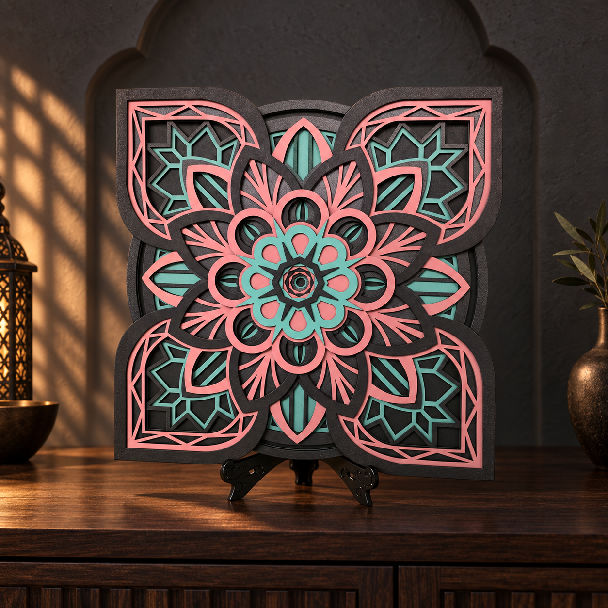 Yasmina β 37 Γ 37 cm Multilayer Floral Geometric Art with Stand